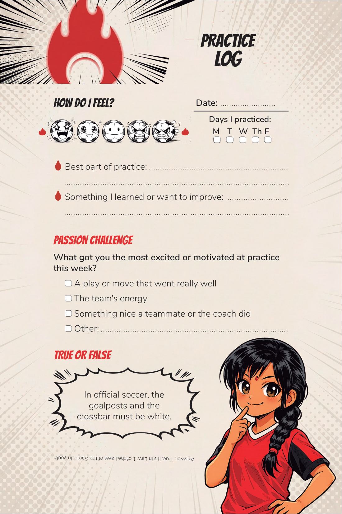 Practice log — page from Soccer Training Journal