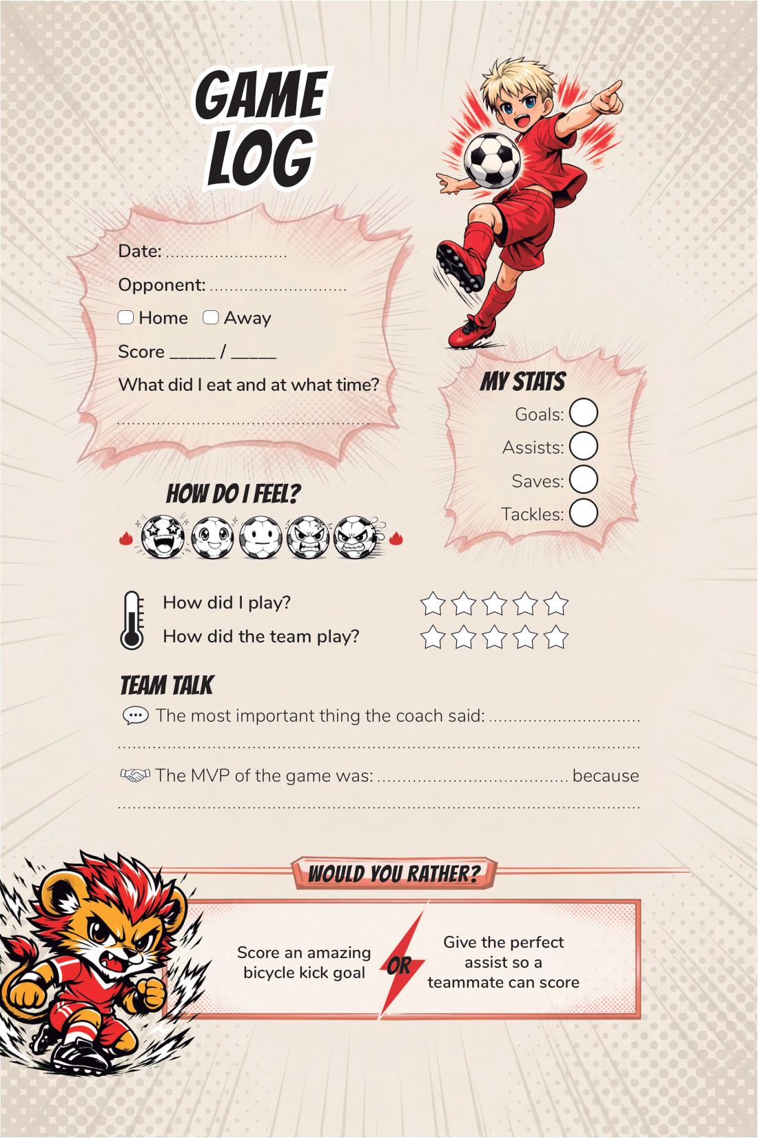 Game log — page from Soccer Training Journal