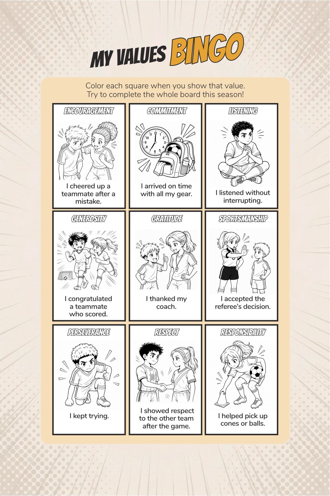 Their values — page from Soccer Training Journal