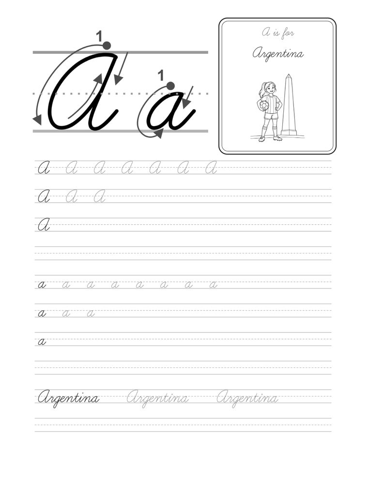 A is for Argentina: one page per letter, with stroke arrows — sample page from Soccer Stories in Cursive