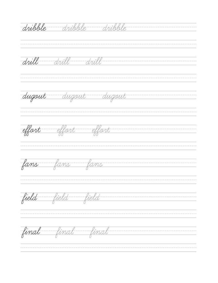 70 soccer words, from dribble to drill — sample page from Soccer Stories in Cursive