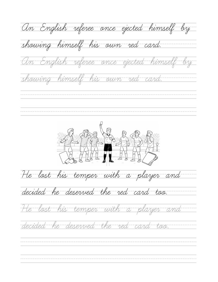 The referee who showed himself a red card — sample page from Soccer Stories in Cursive