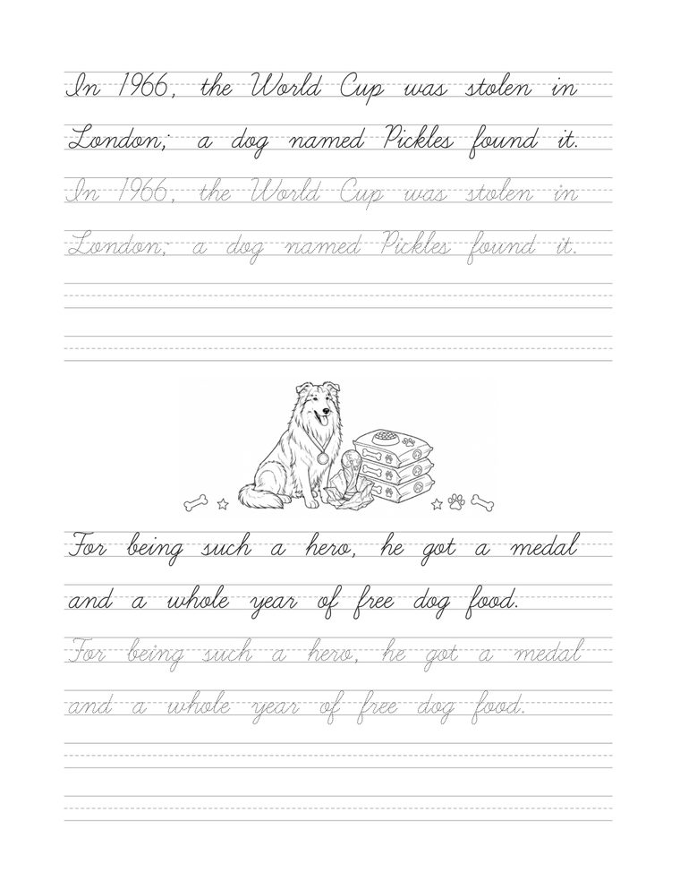 Pickles, the dog who found the stolen World Cup — sample page from Soccer Stories in Cursive