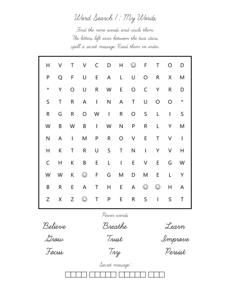 Word searches with a hidden message — sample page from Soccer Stories in Cursive