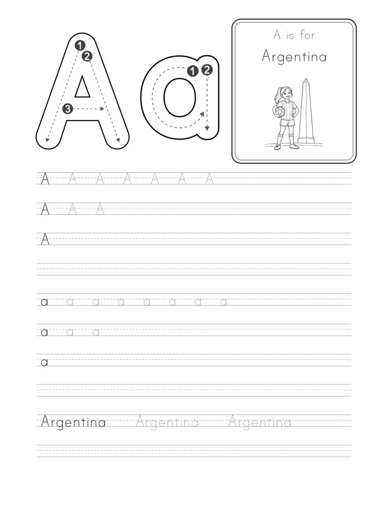 A is for Argentina: one page per letter, with stroke arrows — sample page from Soccer Stories in Print