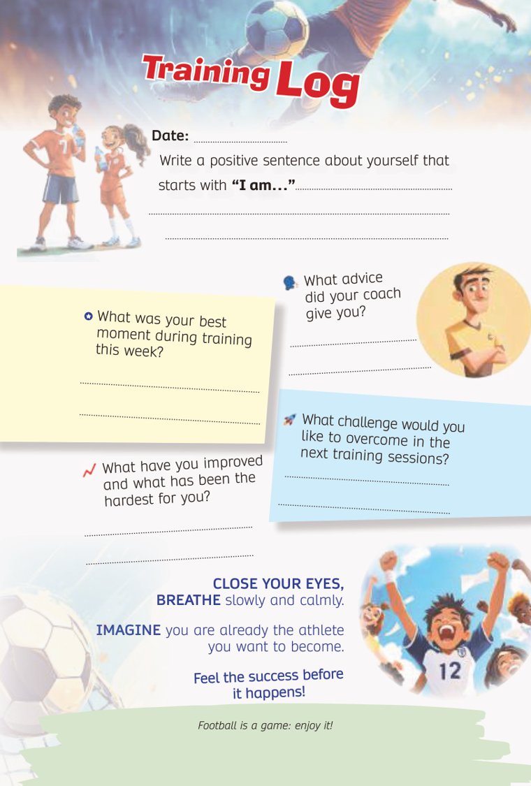 Training Log: the best moment of the week, what the coach said, what to work on next — sample page from Soccer Training Journal for Kids