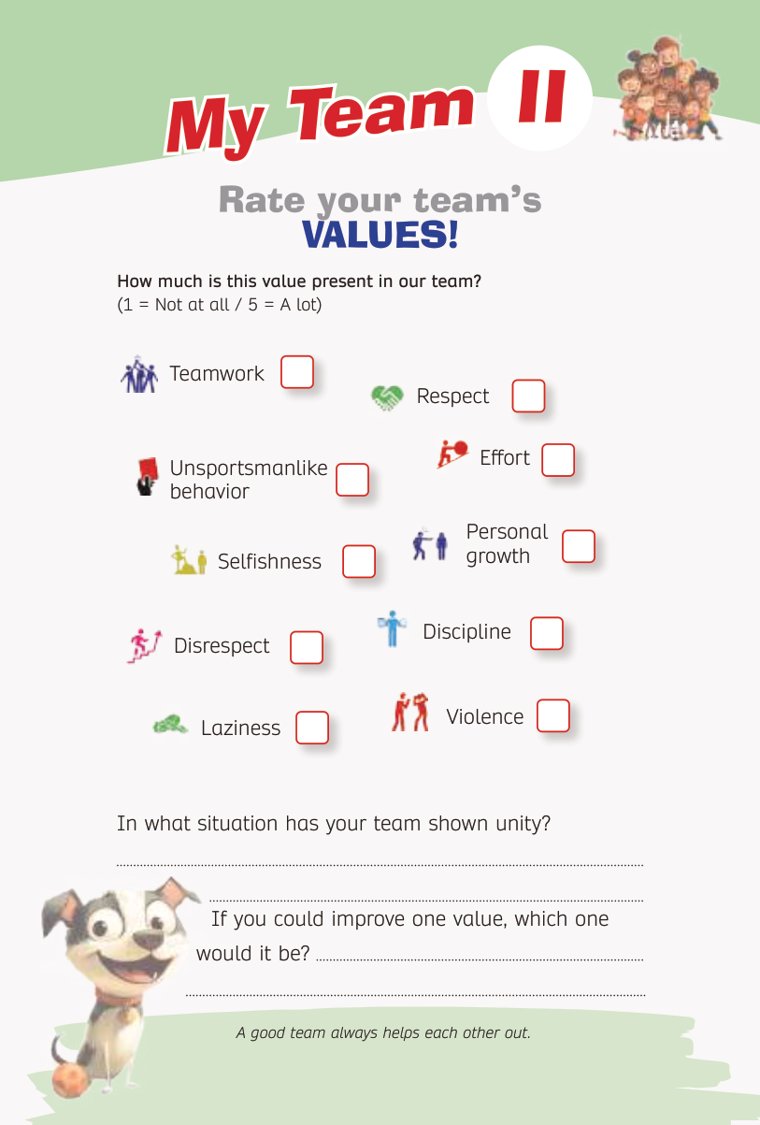 My Team: rating the values they see around them, the good ones and the bad ones — sample page from Soccer Training Journal for Kids