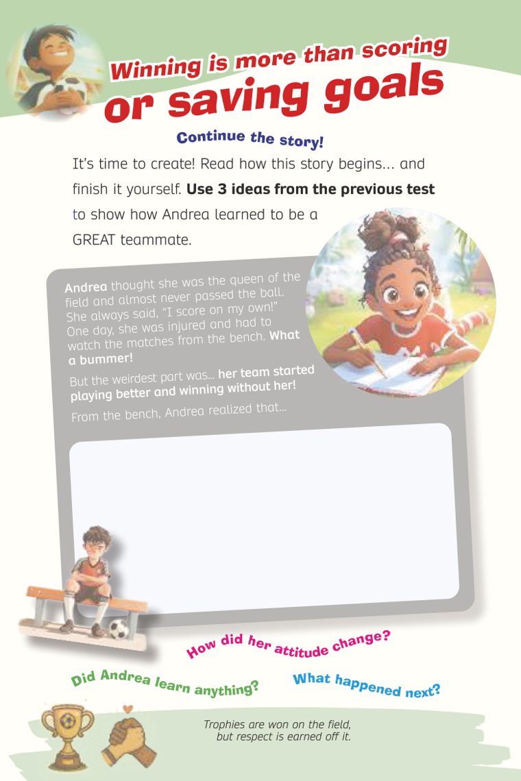 Half-written stories they finish themselves — sample page from Soccer Training Journal for Kids
