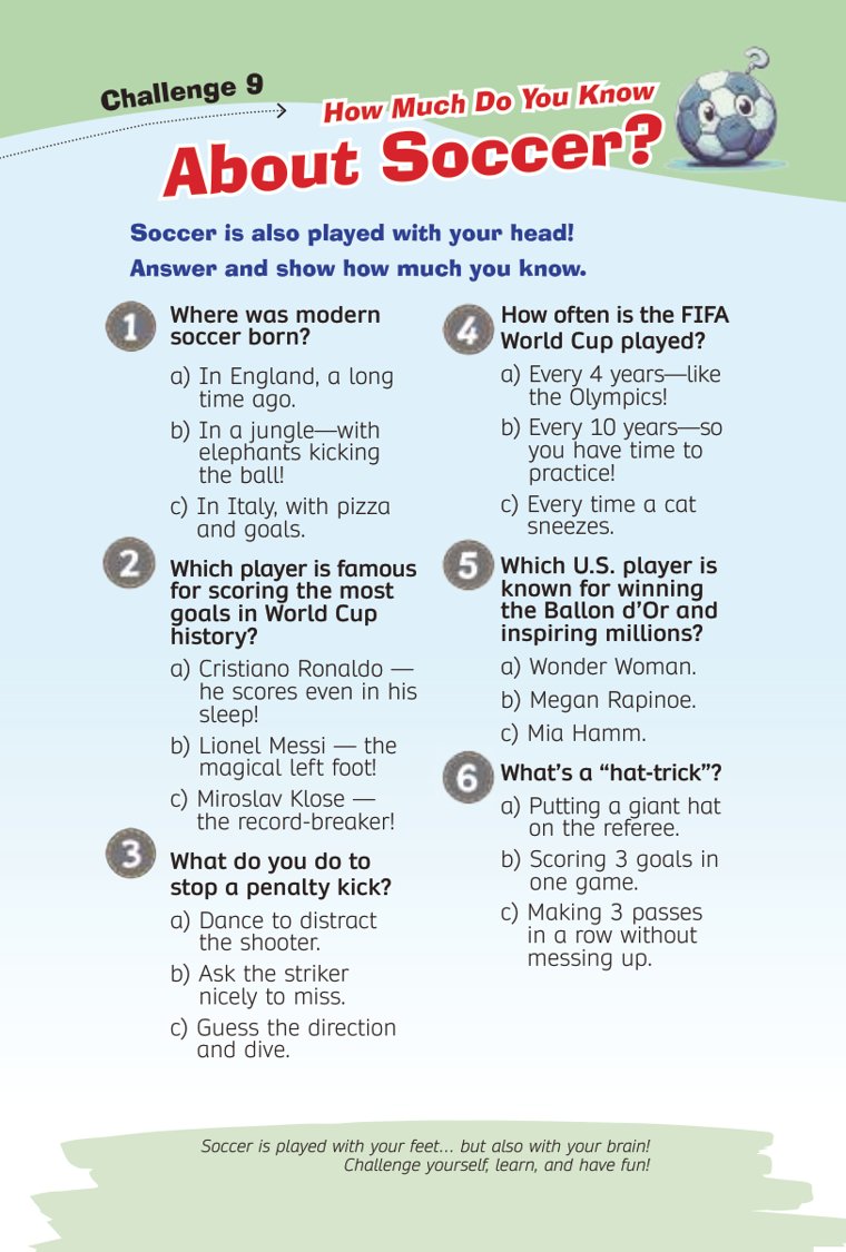 Challenge 9: how much do they really know about soccer? — sample page from Soccer Training Journal for Kids
