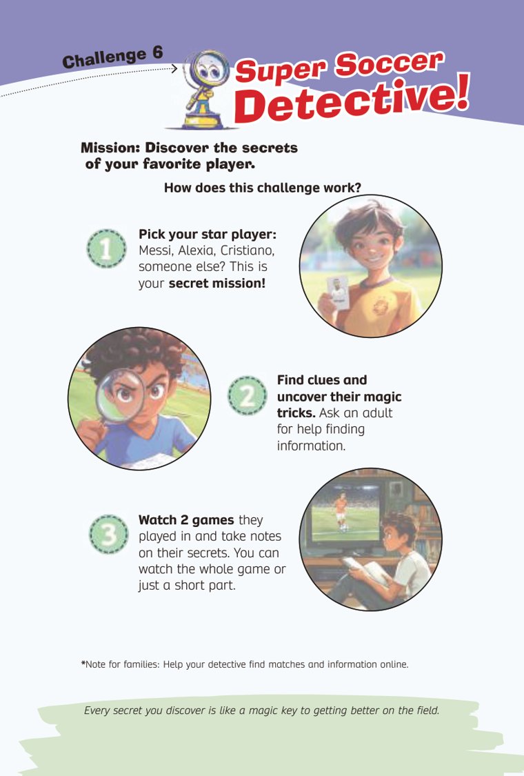 Challenge 6, Super Soccer Detective: pick a player and study two of their games — sample page from Soccer Training Journal for Kids