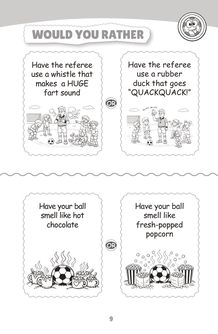 The silly ones, to hook them — sample page from Soccer Would You Rather (Ages 6–9)