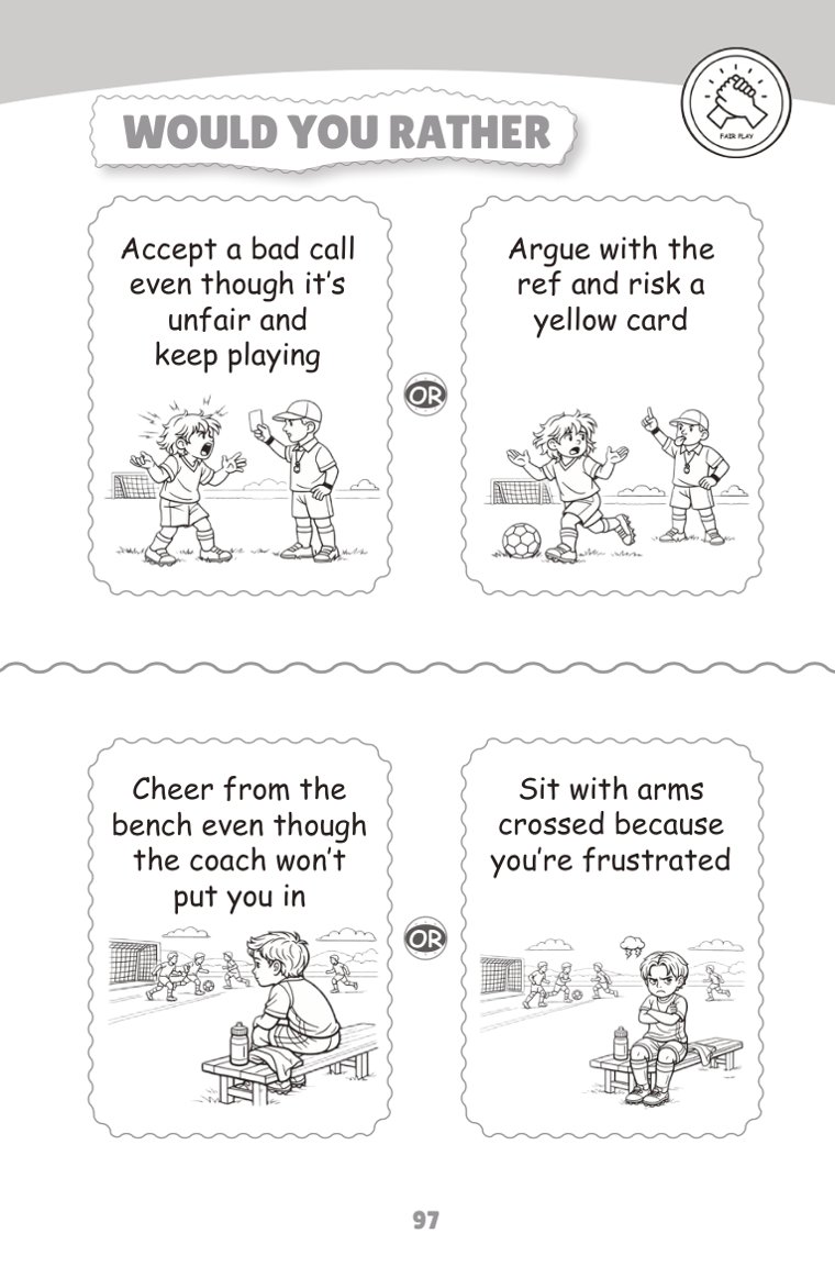 Values & fair play: accept the bad call, or argue with the ref — sample page from Soccer Would You Rather (Ages 6–9)