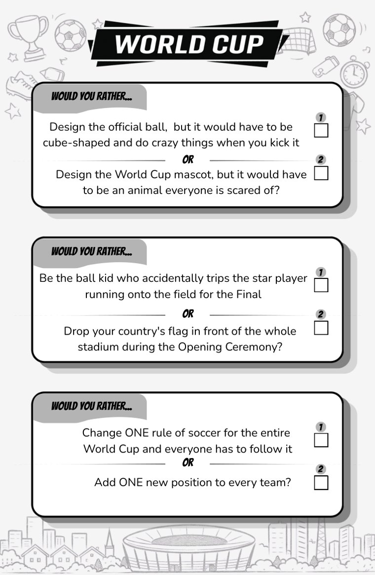 World Cup — sample page from Soccer Would You Rather (Ages 9–12)