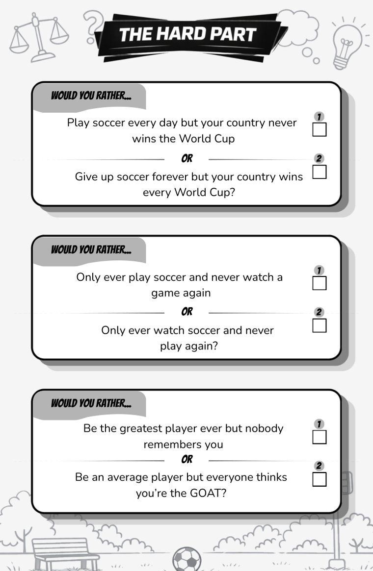 The Hard Part — sample page from Soccer Would You Rather (Ages 9–12)