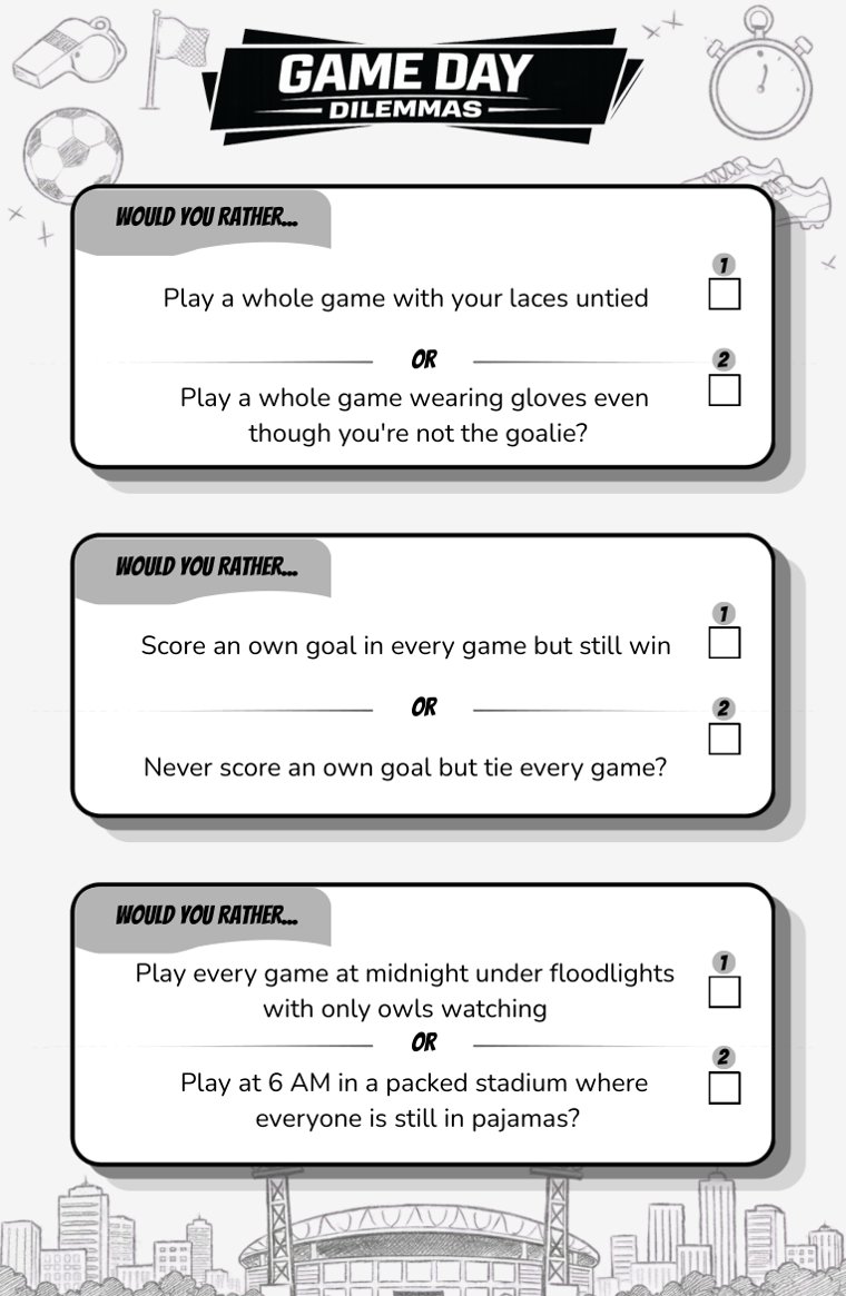 Game Day Dilemmas — sample page from Soccer Would You Rather (Ages 9–12)