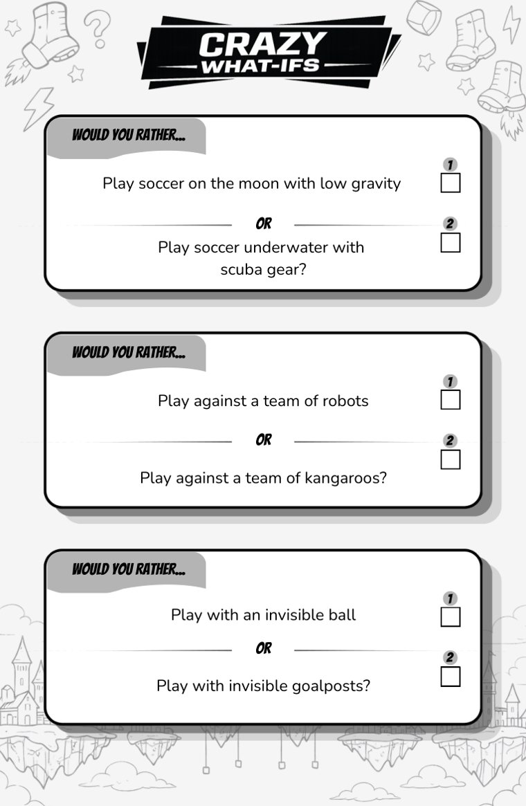 Crazy What-Ifs — sample page from Soccer Would You Rather (Ages 9–12)