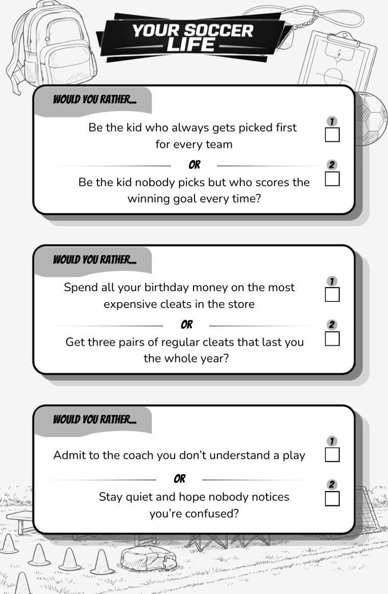 Your Soccer Life — sample page from Soccer Would You Rather (Ages 9–12)