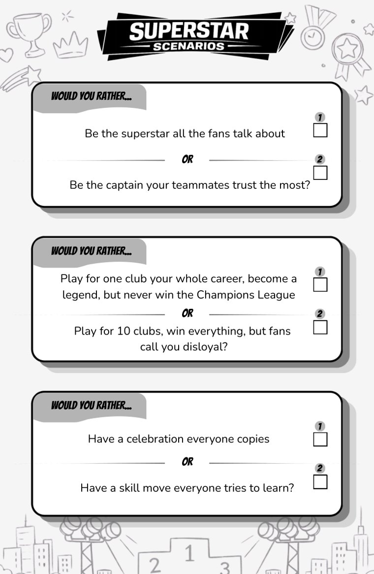 Superstar Scenarios — sample page from Soccer Would You Rather (Ages 9–12)