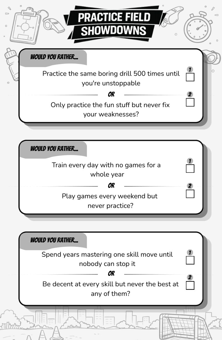 Practice Field Showdowns — sample page from Soccer Would You Rather (Ages 9–12)