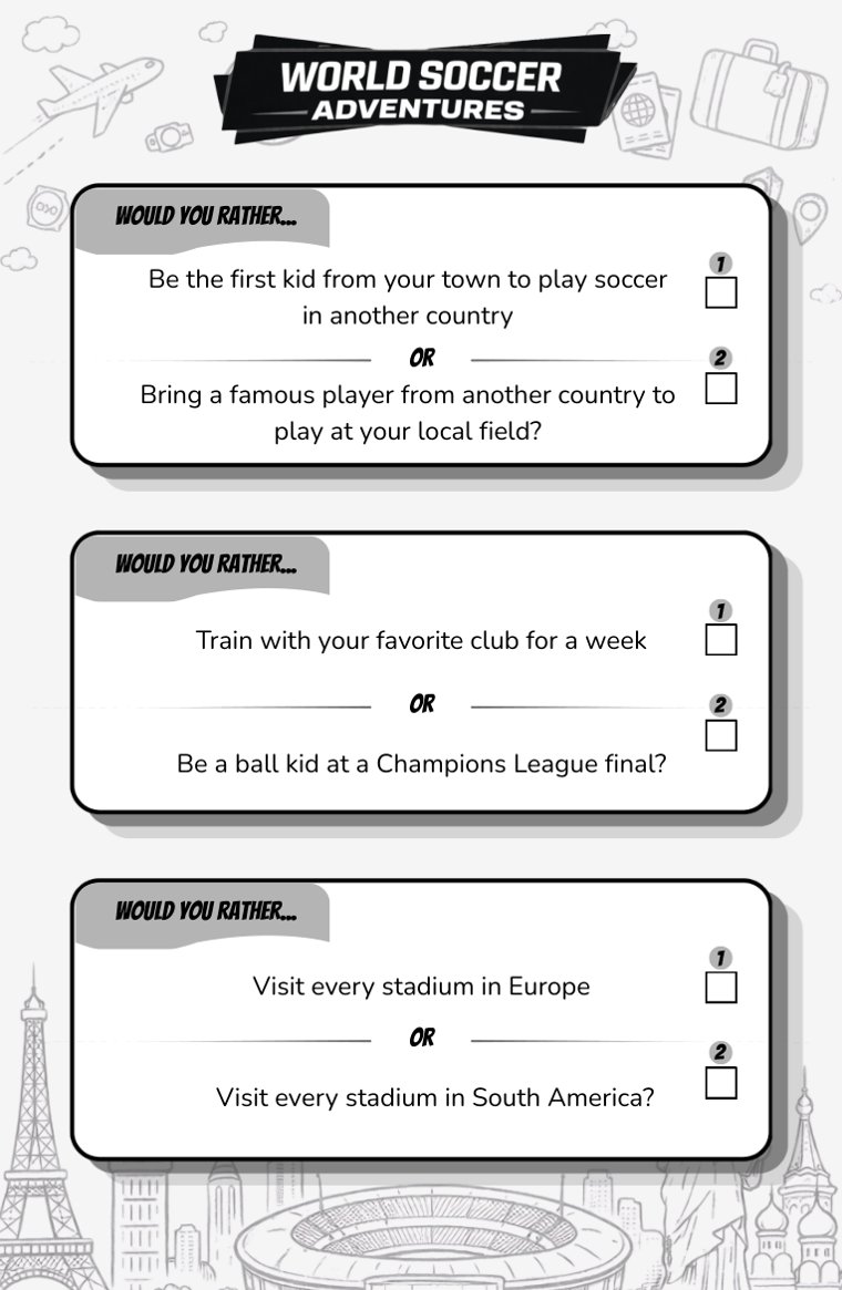 World Soccer Adventures — sample page from Soccer Would You Rather (Ages 9–12)