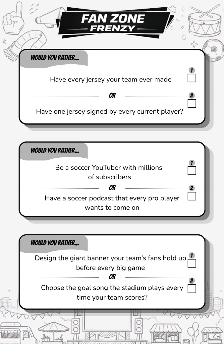 Fan Zone Frenzy — sample page from Soccer Would You Rather (Ages 9–12)
