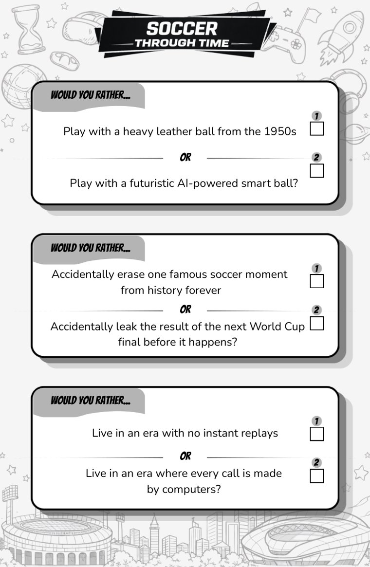 Soccer Through Time — sample page from Soccer Would You Rather (Ages 9–12)