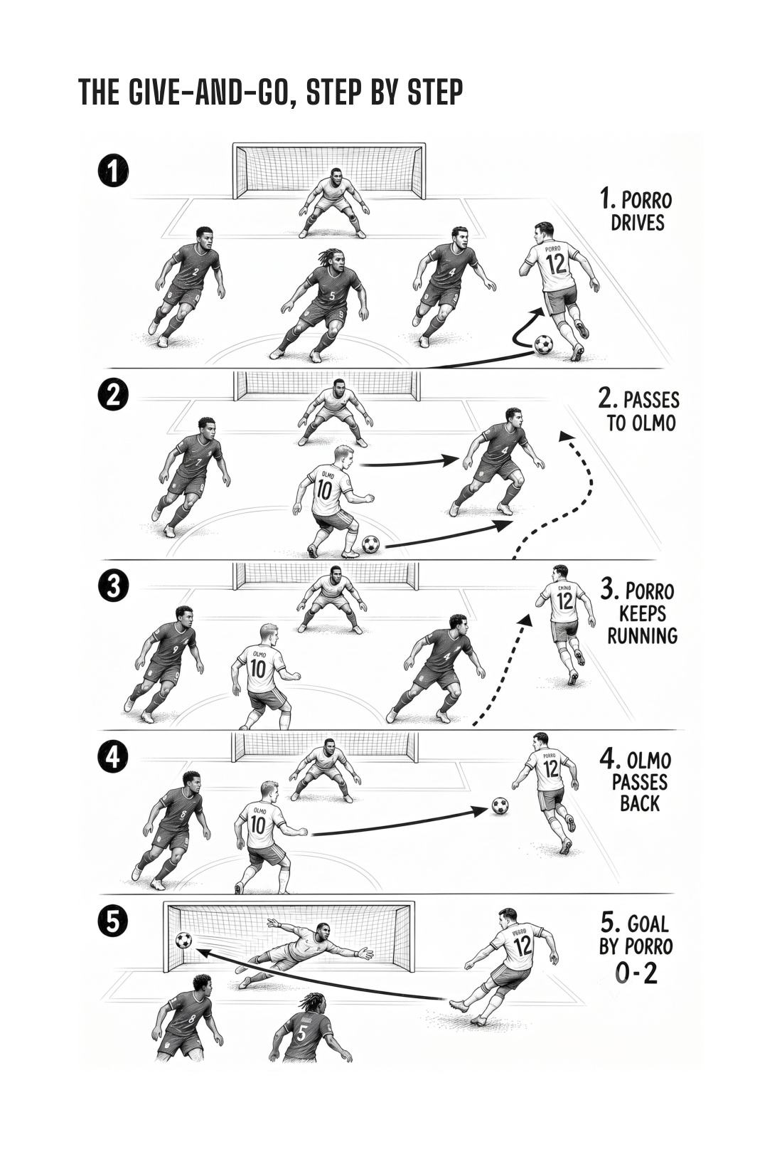 The give-and-go, step by step — sample page from Spain: A Champion's Mindset